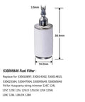 530095646 white fuel filter for Husqvarna string trimmer with dimensions, part of Four Foot Fuel Line Kit For Small Engine Chainsaws Blowers Trimmers And Weedeaters Includes Multiple I D And O D Sizes Primer Bulb White Fuel Filter Replacement Fuel Hoses For Poulan Craftsman Husqvarna Stihl Echo Ryobi.