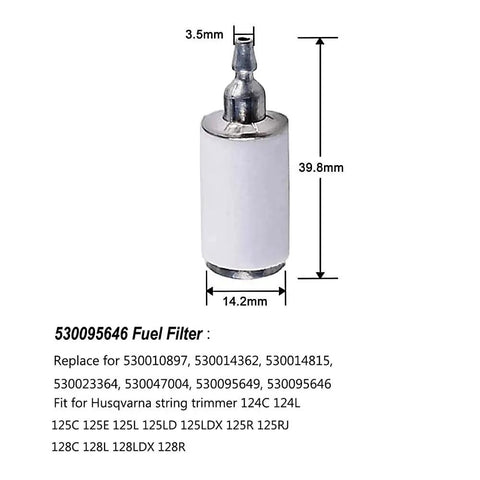 530095646 white fuel filter for Husqvarna string trimmer with dimensions, part of Four Foot Fuel Line Kit For Small Engine Chainsaws Blowers Trimmers And Weedeaters Includes Multiple I D And O D Sizes Primer Bulb White Fuel Filter Replacement Fuel Hoses For Poulan Craftsman Husqvarna Stihl Echo Ryobi.