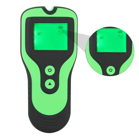 Electronic Wall Finder Detects Wood Metal Studs and Live Wire with green LCD display and control buttons.