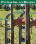 Heavy Duty Instant Locking Gate Latch With Slick One Hand Operation Rust Resistant Gold Alloy Steel Fence Hardware Built Tough As Nails For Farm Ranch Yards in use with spring-loaded mechanism.