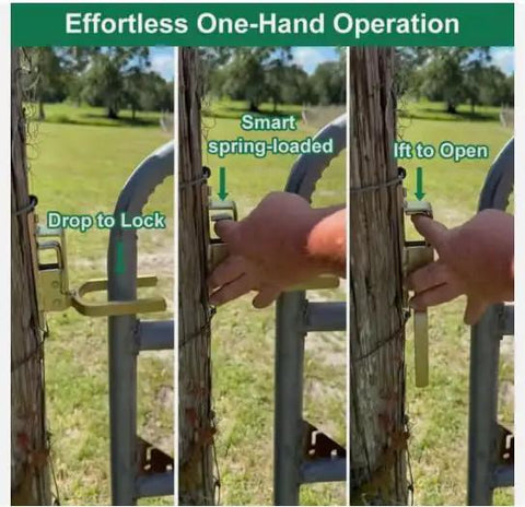 Heavy Duty Instant Locking Gate Latch With Slick One Hand Operation Rust Resistant Gold Alloy Steel Fence Hardware Built Tough As Nails For Farm Ranch Yards in use with spring-loaded mechanism.