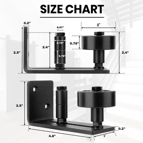 Size chart for Four Pack Barn Door Floor Guides With Bottom Adjustable Roller Eight Setup Options For Quiet Flush Wall Mount Design With Felt Strips No Floor Groove Required Easy Wall Mounting For Sliding Barn Doors In Track Systems.