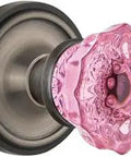 Old School Classic Rosette Interior Mortise Crystal Pink Glass Door Knob Set in Antique Pewter Finish Solid Brass Rosettes Lead Crystal Knobs
