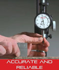 Starrett dial test indicator with white-face dial, back plunger, 1/4 in shank for mounting; front view