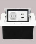 Hidden Pop Up Countertop Socket With Integrated Usb Charging And Standard Outlet Slots Sleek aluminum desk plate showing AC and USB ports.