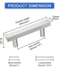Diagram showing Stainless Steel Cabinet Handles 10 Pack With Satin Nickel Finish 4 Inch Overall Length And 2 1/2 Inch Hole Centers.