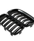 Gloss Black Front Kidney Grille For 2012 Through 2018 3 Series F30 F31 Double Slats Replacement Fits 320i 328i 330e 330i 335i 340i XDrive Models Direct Bolt On Easy Install, left and right pieces on white background.