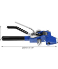 Stainless Steel Banding Tool Tensioner Pro Grade For 4 To 20mm Wide Straps And 0.4 To 0.8mm Thick Bands in blue with measurements