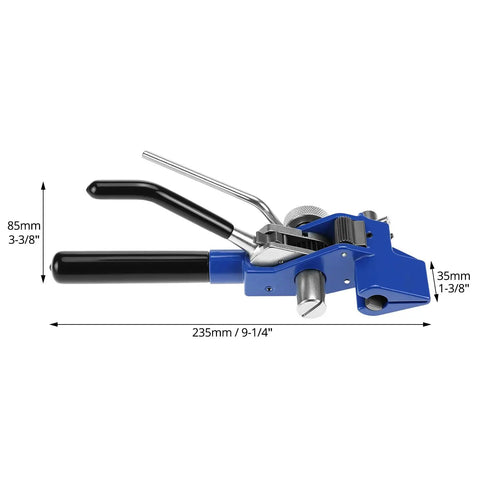 Stainless Steel Banding Tool Tensioner Pro Grade For 4 To 20mm Wide Straps And 0.4 To 0.8mm Thick Bands in blue with measurements