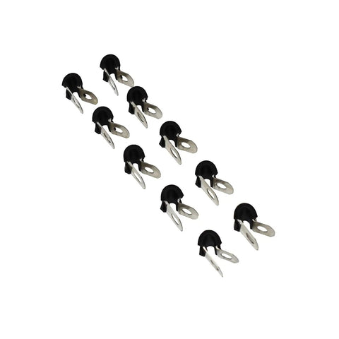 Badass Stainless Steel Brake Line Clips With Durable Neoprene Cushions arranged in rows, 10 piece set for securing fuel lines and cables.