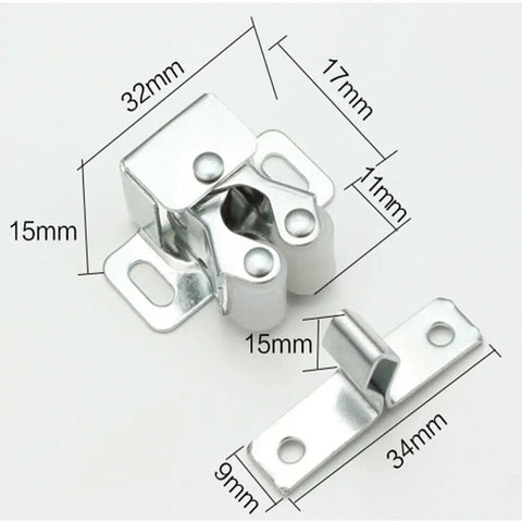 No Screw Install Needed For This Cool Spring Loaded Roller Catch Latch Set, stainless steel, compact design, for cabinets and boats.