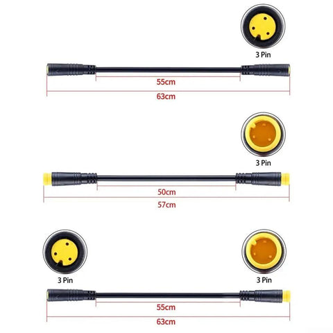 3 Pin Ebike Extension Cable Waterproof Ip66 Connector For Electric Bike Scooter, 55cm black cable