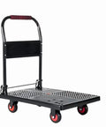 Heavy Duty Folding Platform Truck With Smooth As Butter TPR Wheels Steel Frame Hand Dolly Push Cart in black with red wheels.