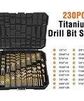 Front view of 230-piece titanium drill bit set in a black case, bits arranged by size from 3/64in to 1/2in.