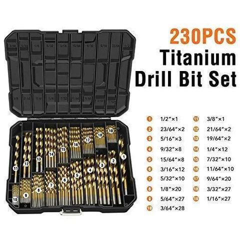 Front view of 230-piece titanium drill bit set in a black case, bits arranged by size from 3/64in to 1/2in.