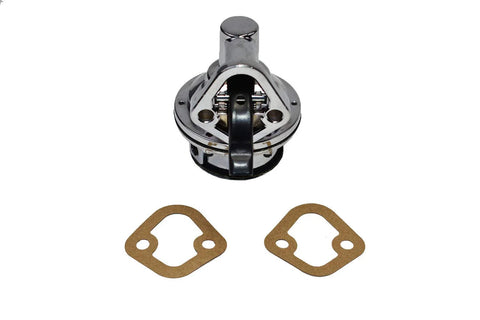 Beefed-Up Inline Mechanical Fuel Pump For Chevy And GMC Small Block 262-400, Chrome Finish, includes gaskets, front view