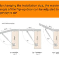 Diagram showing 100N 22lb Gas Strut Hinges For Toy Boxes 10 Inch Lift Support with adjustable installation angles.