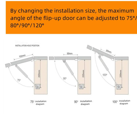 Diagram showing 100N 22lb Gas Strut Hinges For Toy Boxes 10 Inch Lift Support with adjustable installation angles.