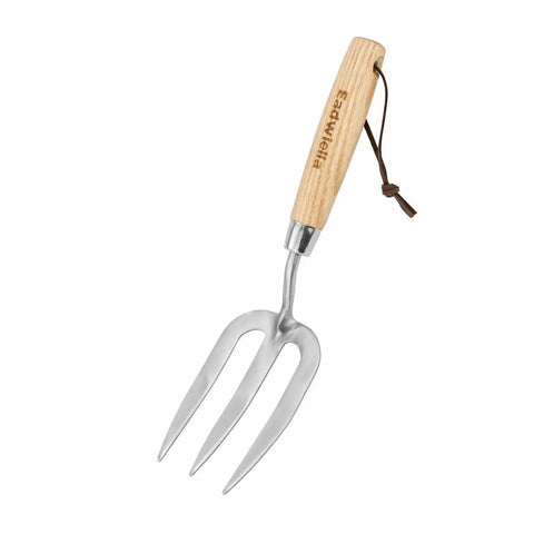 Versatile Weeding Fork Hand Tool With A 12 Inch Wood Handle And 3 Pointed Tines for easy gardening on white background