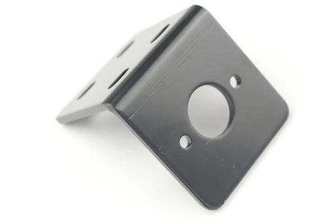 CONQUERALL motor bracket, black metal mounting plate with a large center hole and two small mounting holes, angled view