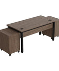Top Tier 60 Inch Industrial Office Desk And Rolling Mobile Pedestal Set With Five Smooth Glide Storage Drawers In Driftwood Gray seen from above.