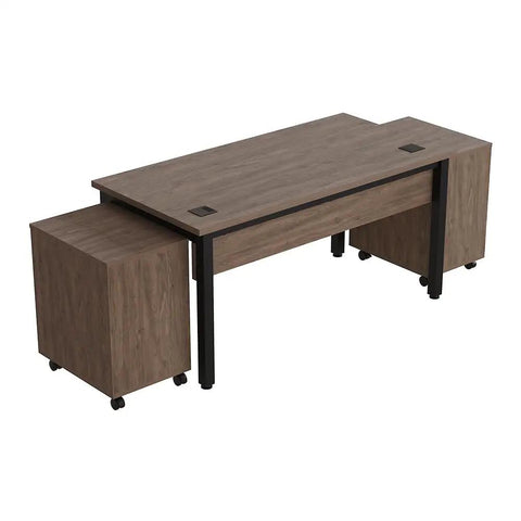 Top Tier 60 Inch Industrial Office Desk And Rolling Mobile Pedestal Set With Five Smooth Glide Storage Drawers In Driftwood Gray seen from above.
