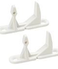 Two white plastic washer door striker latches; front-load replacement parts for Frigidaire Affinity, Gibson, Kenmore.