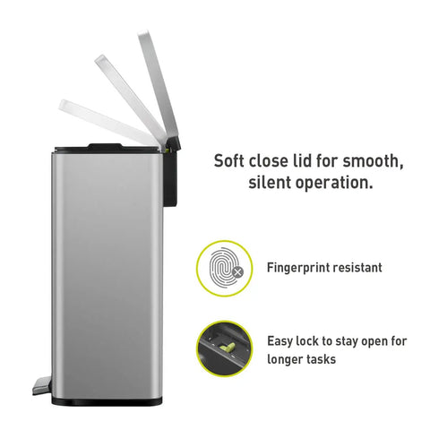 Side view of Matte Stainless Steel Step Trash Can With Hands Free Foot Pedal And Inner Liner 50 Liter 13.2 Gallon Fingerprint Resistant Finish Soft Close Lid For Home Office Kitchen.