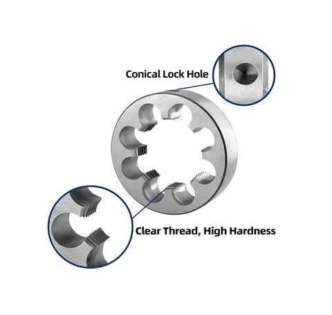 M40 Precision HSS Tap And Die Set With Multiple Pitch Options For Right Hand Threads M40x1 Up To M40x3 Perfect For Tackling Heavy Duty Metalwork Jobs Without The Hassle. steel die with conical lock hole and clear threads