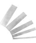 Heavy Duty Five Piece Manganese Steel Woodworking Scraper Kit showing five curved blades for cabinet polishing and furniture scraping.