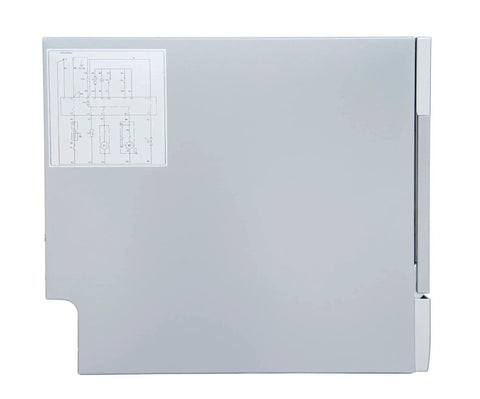 Compact Countertop Dishwasher With Bright Led Controls Delay Start Energy Star Rated Six Place Settings Smooth Operator Automatic Detergent Dispenser No Sweat Setup Universal Faucet Adapter Sleek Silver Finish side view showing the exterior design and diagram.