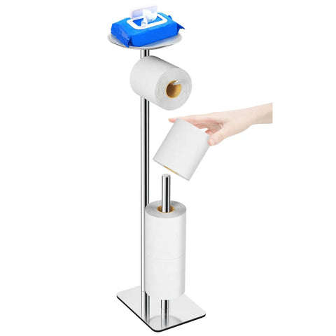 Floor Standing Toilet Paper Holder Dispenser With 4 Roll Capacity And Top Storage Shelf For Phone Wipes Wallet And More In Stainless Steel Chrome Finish Rustproof And Stable Easy Access No Fuss