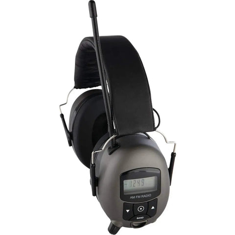 MP3 AM FM Digital Radio Ear Muffs With Built In Clock And Station Save Feature Easy Digital Scan For Favorite Stations Crisp Sound And Noise Reduction For Worksite Comfortable Padded Design Black close-up view