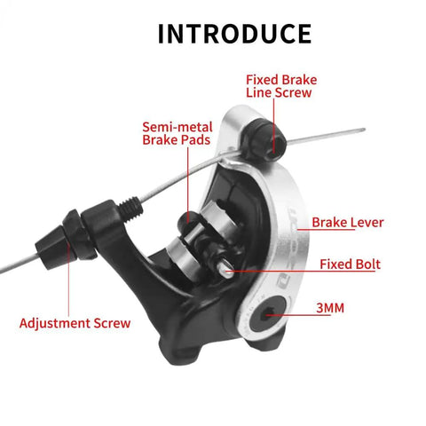 Detailed view of Rock Solid Mechanical Disc Brakes for Road and Cyclocross Bikes Flat Mount Caliper with labeled components.