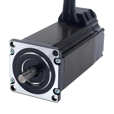 Front view of a NEMA 23 closed-loop stepper motor for CNC with silver mounting flange, black housing, and attached cables