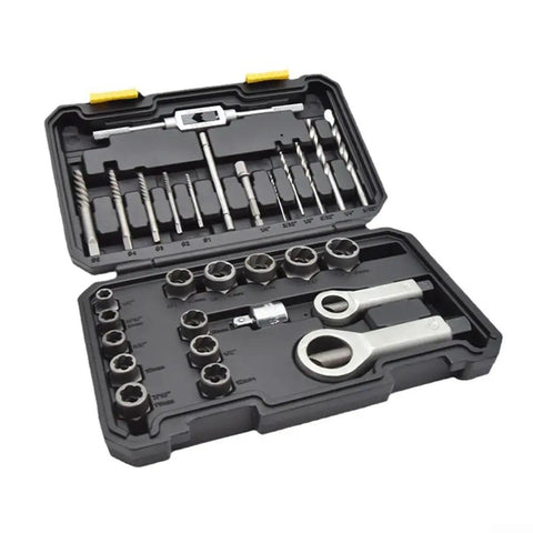 29-Piece Broken Bolt Extractor Kit With Stripped Nut Remover And Drill Bits, Chrome Socket Set for automotive repair displayed in case