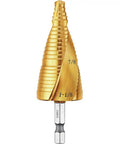 Step Drill Bit Set Seven Eighths Inch To One And One Eighth Inch Titanium Nitride Coated Two Flute Spiral Design, laser size markings