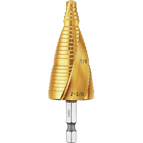 Step Drill Bit Set Seven Eighths Inch To One And One Eighth Inch Titanium Nitride Coated Two Flute Spiral Design, laser size markings