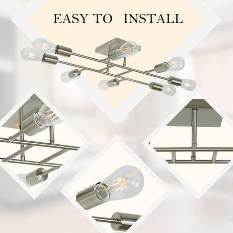 8 Light Modern Sputnik Ceiling Light in Brushed Nickel, vintage metal chandelier, details of semi flush mount fixture