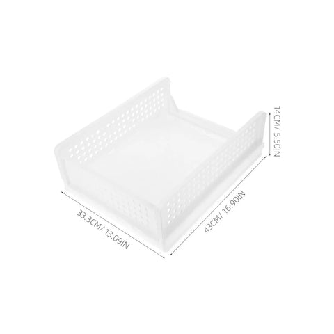 Straight Up Sleek White Plastic Foldable Storage Basket Pull Out Wardrobe Drawer Organizer For Clothes Books Makeup Nifty Space Saver Bin That Kicks Clutter To The Curb Fast showing dimensions and perforated design.