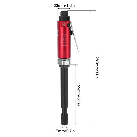 Extended Air Die Grinder With Adjustable Speed Control Pumping Twenty Thousand Rpm On An Extended Body showing 280mm size and red body.