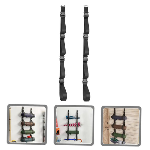 Heavy Duty Adjustable Wall Storage Straps With Badass Rugged Buckles for organizing camping chairs and yoga mats on garage wall