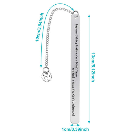Gearhead Nerdy Twist Bookmark Gift With Velvet Pouch Stainless Steel Bookmark For Mechanical And Design Engineers Techies Students And Book Lovers Graduation Gift For Engineering Nerds, stainless steel with dimensions 13cm by 1cm, engraved text, includes chain and gear charm.