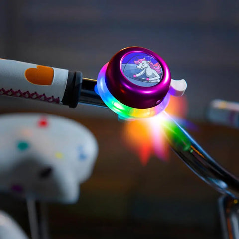Light Up Unicorn Pink Kids Bike Bell For Girls With Flashing Multicolor Lights That Flash With Every Press on bike handlebar