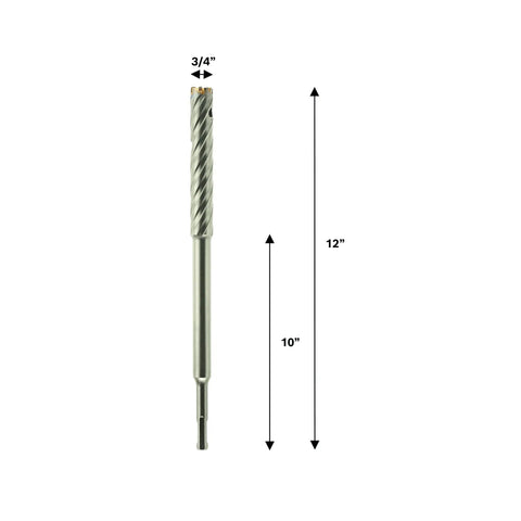 Three Quarters Inch SDS Plus Carbide Rebar Cutter For Rotary Hammers Heavy Duty Concrete Masonry Drill Bit side view with dimensions