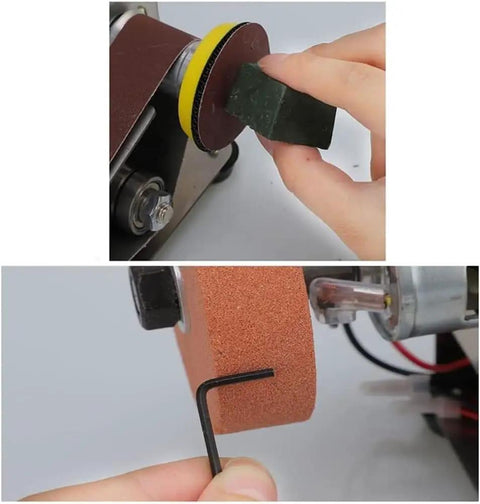 Person using the Stainless Steel Electric Belt Sander Grinder Machine With Adjustable Work Table Shockproof Feet for polishing.