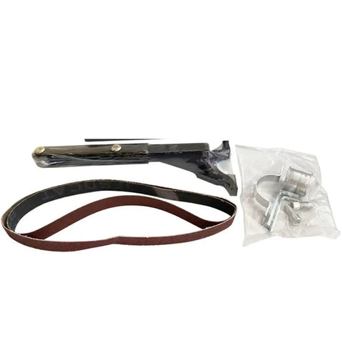 Upgrade Your Angle Grinder With This Solid Belt Sander Converter For Woodworking kit including belt, adapter, and mount parts.