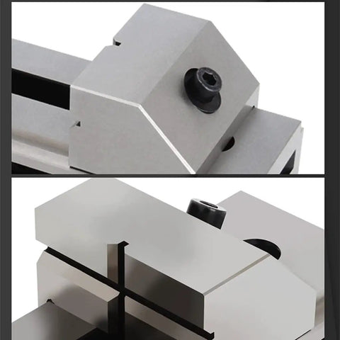 Close-up of Dead Nuts Precise 2 Inch Fast Moving Machine Vise showing alloy steel jaws and adjustable mounting features.