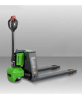 Heavy Duty 3300 Lb Electric Pallet Jack Truck With Multi Function Handle, compact design, green and gray steel, ideal for warehouses.