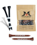 Natural Wood And Bamboo Golf Tees In Two Sizes 2 3 Quarter Inch And 3 1 Quarter Inch Pack Of 50 Or 120 For Reduced Friction And Side Spin Plus Stable Cup Head Black And Brown For Game Day with packaging.